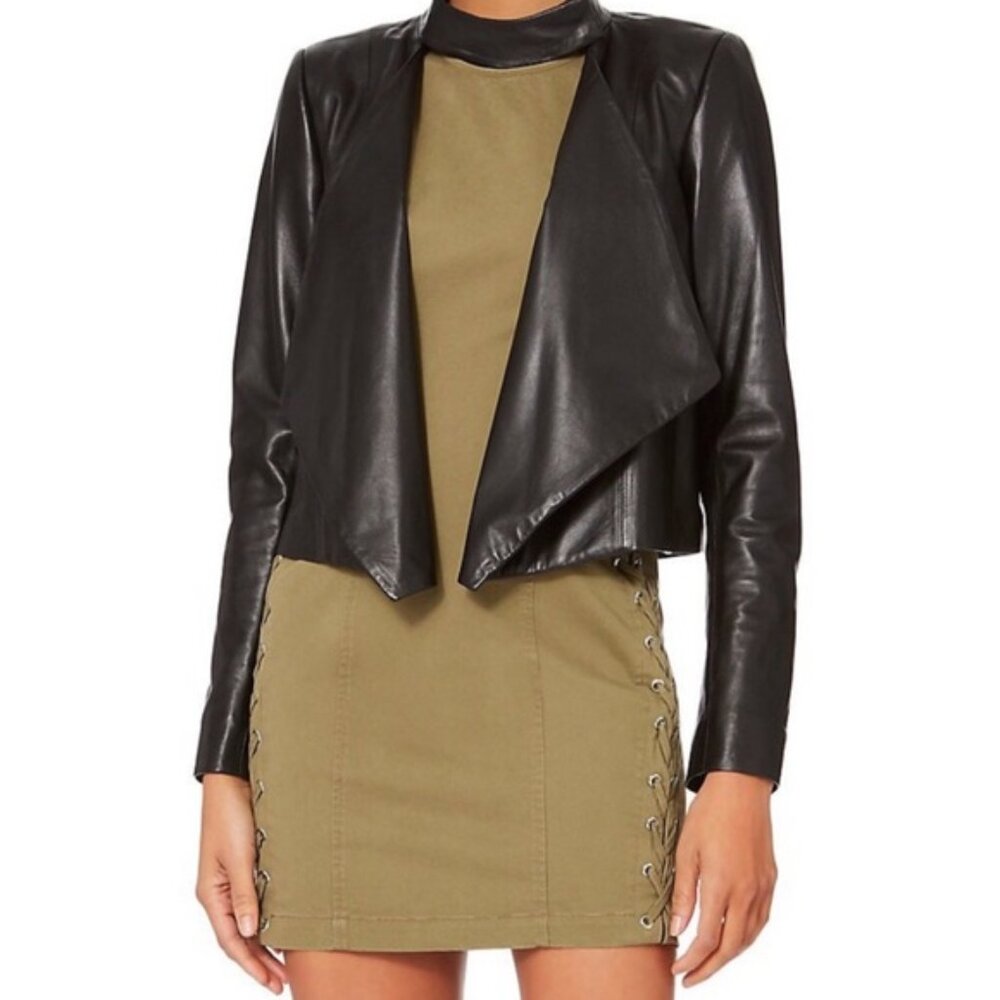 Intermix Cropped Black Leather Jacket Collar Open Front Draped Snap Neck